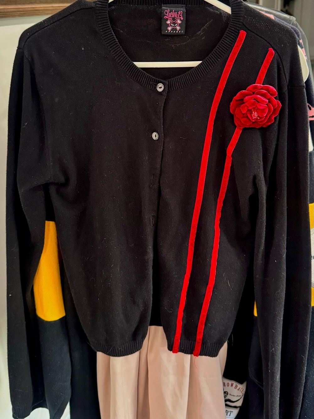 Lucky13 Speed Queen Black Cardigan with Red Trim and Red Flower Pin